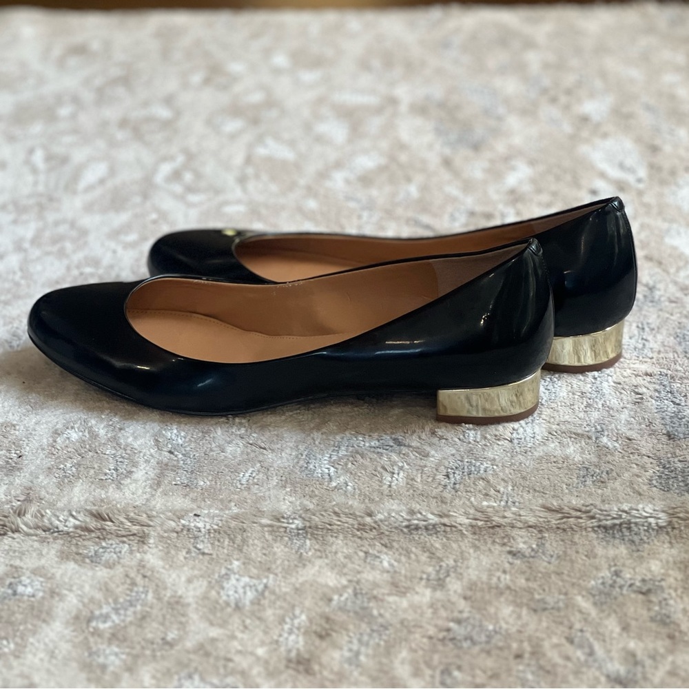 J. Crew Harper Black Patent Leather Flats with Gold Heel